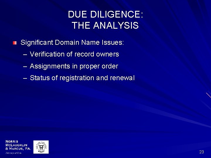 DUE DILIGENCE: THE ANALYSIS Significant Domain Name Issues: – Verification of record owners –