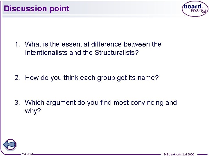 Discussion point 1. What is the essential difference between the Intentionalists and the Structuralists?