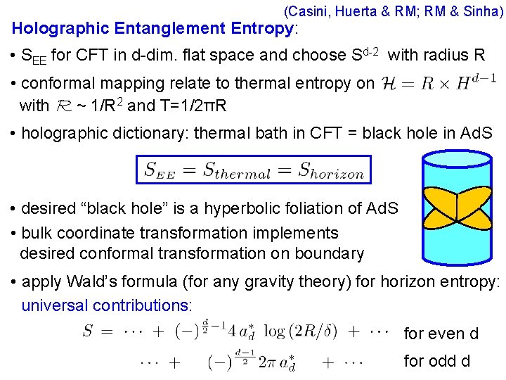 (Casini, Huerta & RM; RM & Sinha) Holographic Entanglement Entropy: • SEE for CFT