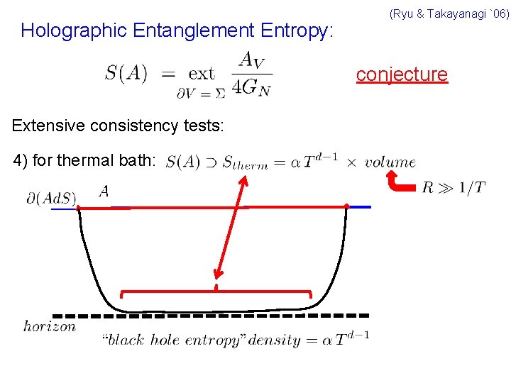 Holographic Entanglement Entropy: (Ryu & Takayanagi `06) conjecture Extensive consistency tests: 4) for thermal