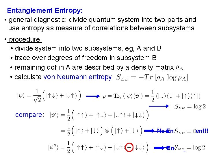 Entanglement Entropy: • general diagnostic: divide quantum system into two parts and use entropy