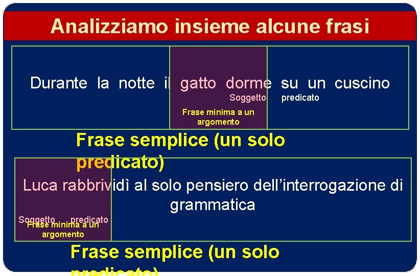 Analizziamo insieme alcune frasi Durante la notte il gatto dorme su un cuscino Soggetto