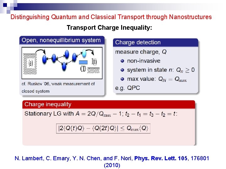 Distinguishing Quantum and Classical Transport through Nanostructures Transport Charge Inequality: N. Lambert, C. Emary,