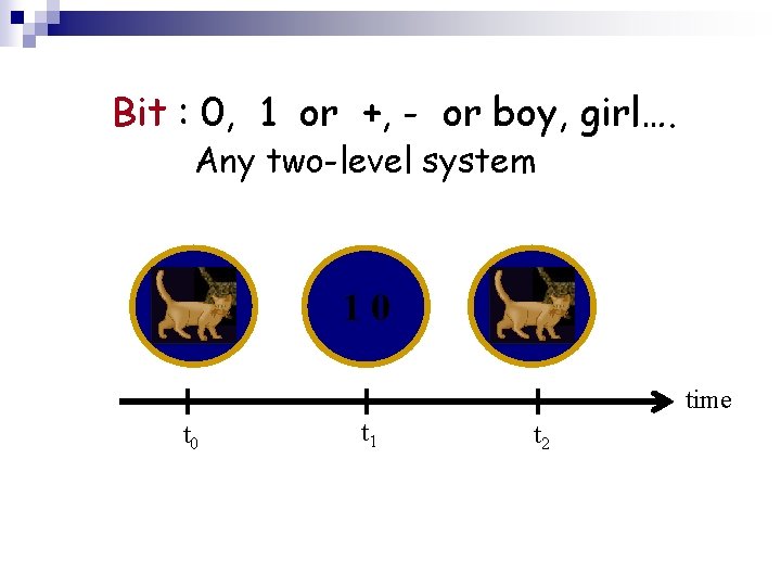 Bit : 0, 1 or +, - or boy, girl…. Any two-level system 10