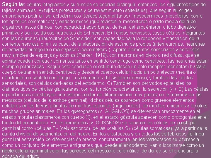 Según las células integrantes y su función se podrían distinguir, entonces, los siguientes tipos