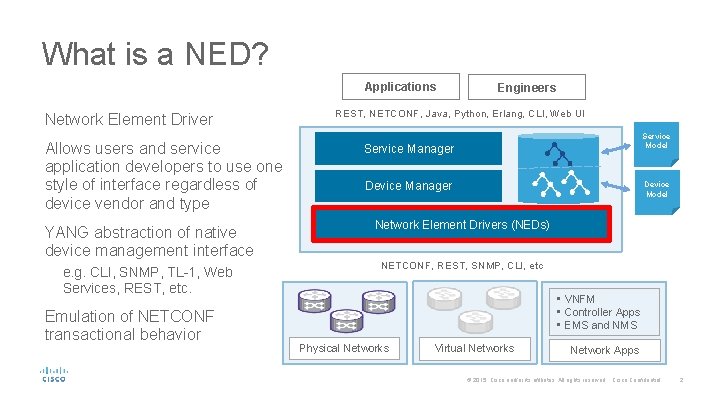 What is a NED? Applications Network Element Driver Allows users and service application developers What is a NED? Applications Network Element Driver Allows users and service application developers