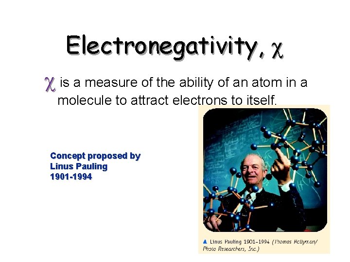 Electronegativity, is a measure of the ability of an atom in a molecule to