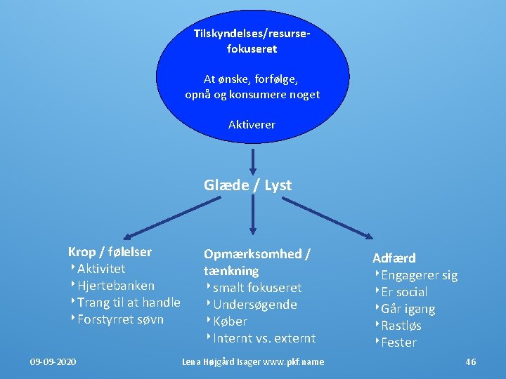 Tilskyndelses/resursefokuseret At ønske, forfølge, opnå og konsumere noget Aktiverer Glæde / Lyst Krop / Tilskyndelses/resursefokuseret At ønske, forfølge, opnå og konsumere noget Aktiverer Glæde / Lyst Krop /