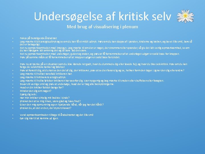 Undersøgelse af kritisk selv Med brug af visualisering i plenum • • • Fokus Undersøgelse af kritisk selv Med brug af visualisering i plenum • • • Fokus