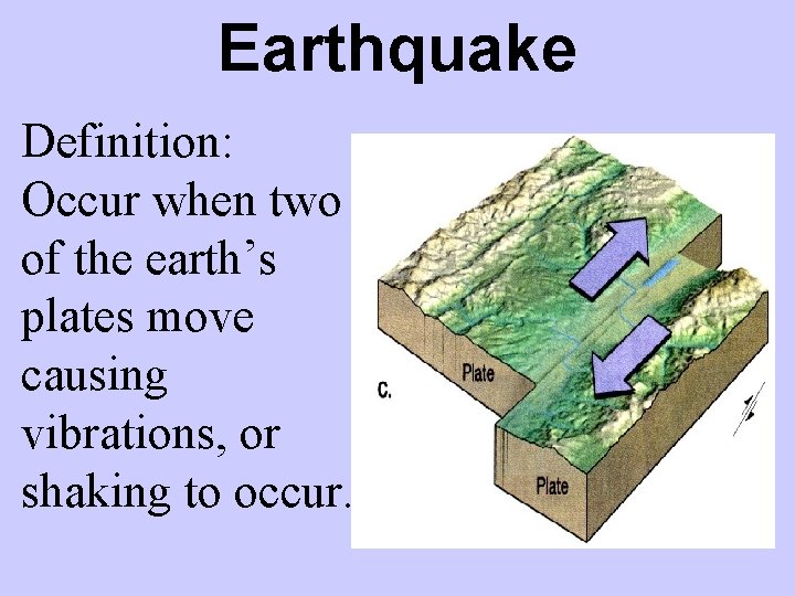 Earthquake Definition: Occur when two of the earth’s plates move causing vibrations, or shaking