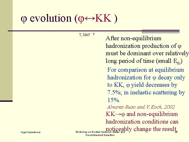 φ evolution (φ↔KK ) T, Me. V γ After non-equilibrium hadronization production of φ