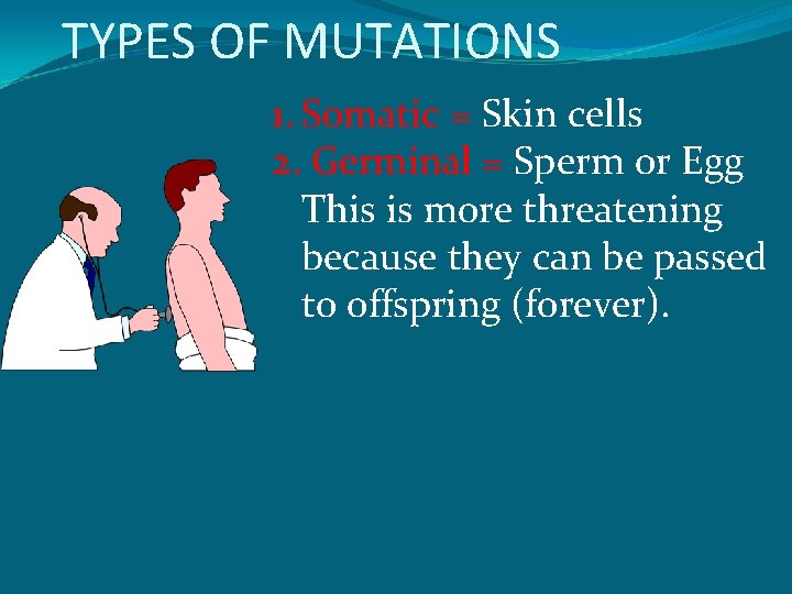 TYPES OF MUTATIONS 1. Somatic = Skin cells 2. Germinal = Sperm or Egg