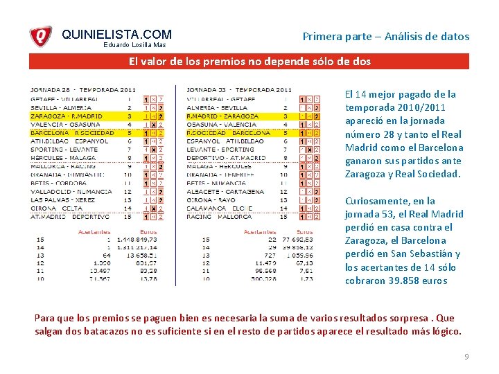 QUINIELISTA. COM Eduardo Losilla Mas Primera parte – Análisis de datos El valor de
