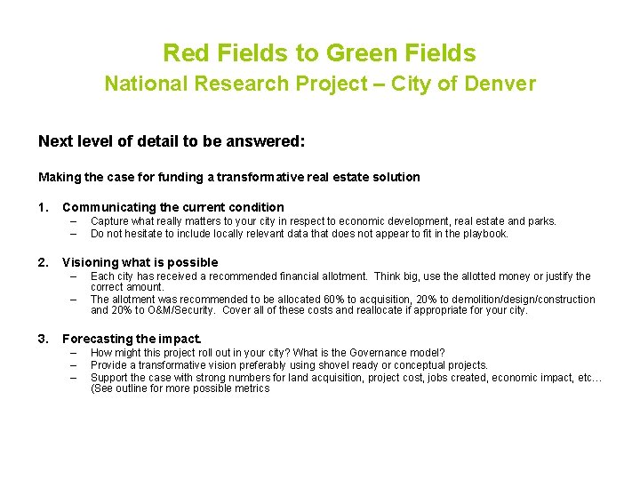 Red Fields to Green Fields National Research Project – City of Denver Next level