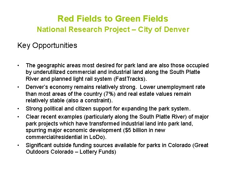 Red Fields to Green Fields National Research Project – City of Denver Key Opportunities