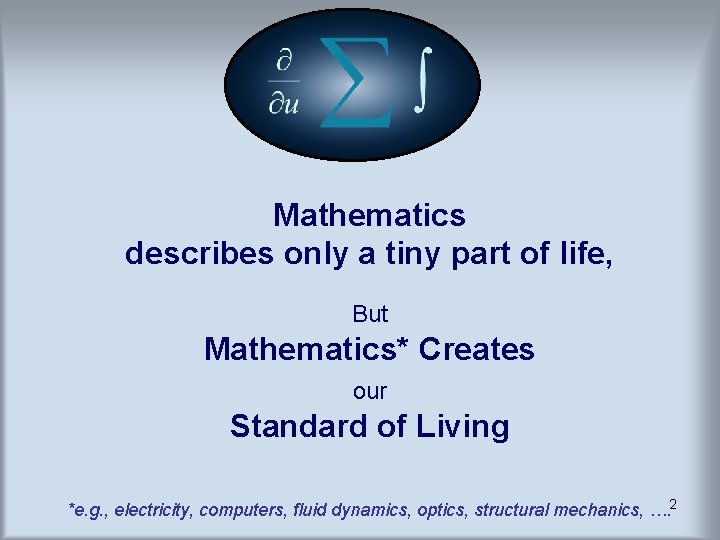 Mathematics describes only a tiny part of life, But Mathematics* Creates our Standard of Mathematics describes only a tiny part of life, But Mathematics* Creates our Standard of