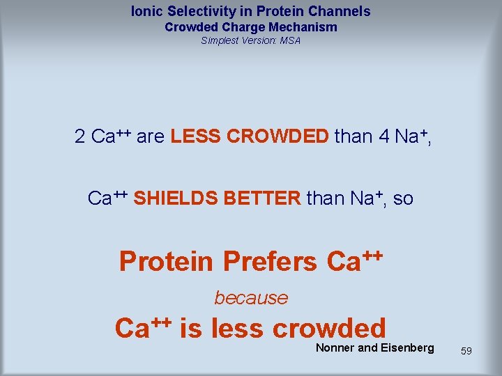 Ionic Selectivity in Protein Channels Crowded Charge Mechanism Simplest Version: MSA 2 Ca++ are Ionic Selectivity in Protein Channels Crowded Charge Mechanism Simplest Version: MSA 2 Ca++ are