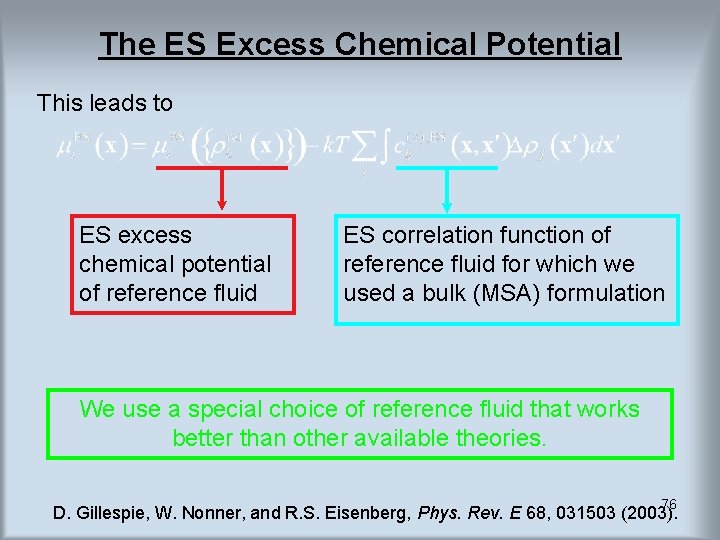 The ES Excess Chemical Potential This leads to ES excess chemical potential of reference The ES Excess Chemical Potential This leads to ES excess chemical potential of reference