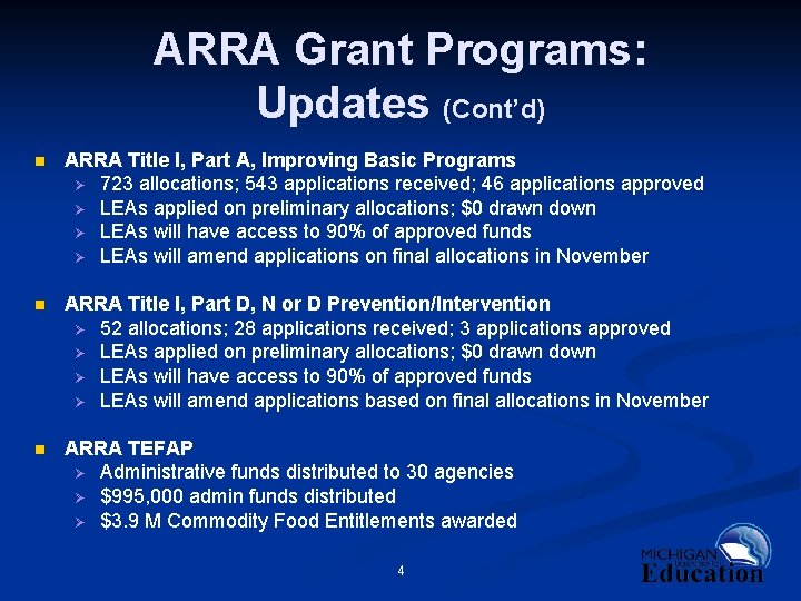 ARRA Grant Programs: Updates (Cont’d) n ARRA Title I, Part A, Improving Basic Programs