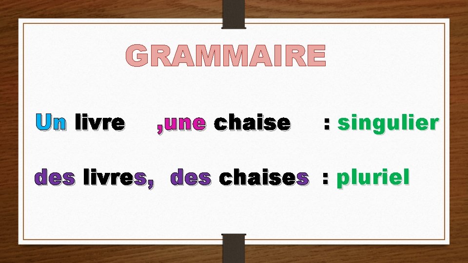 GRAMMAIRE Un livre , une chaise : singulier des livres, des chaises : pluriel