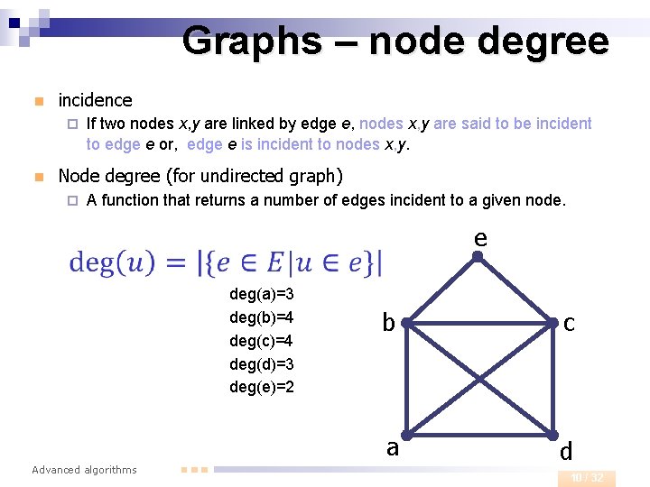 Graphs – node degree n incidence ¨ n If two nodes x, y are