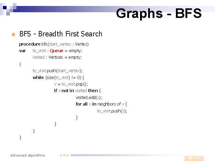 Graphs - BFS n BFS - Breadth First Search procedure bfs(start_vertex : Vertex) var