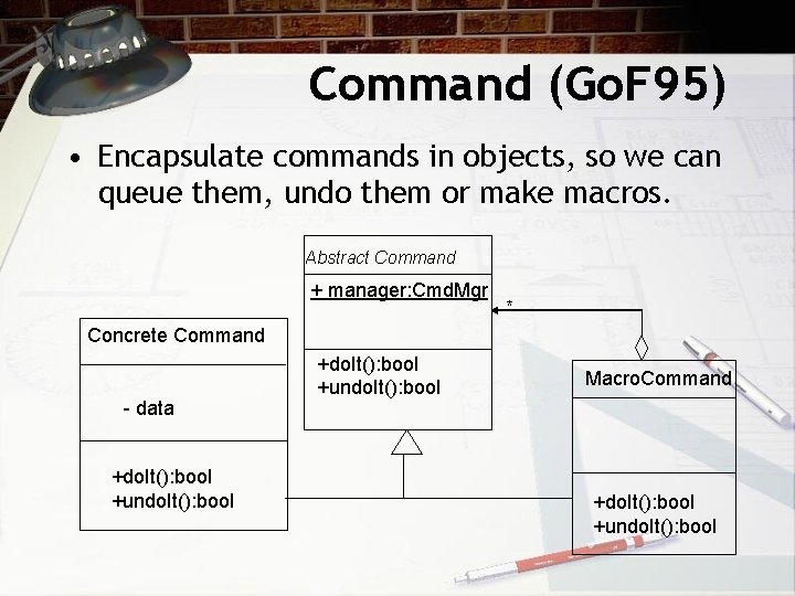 Command (Go. F 95) • Encapsulate commands in objects, so we can queue them,