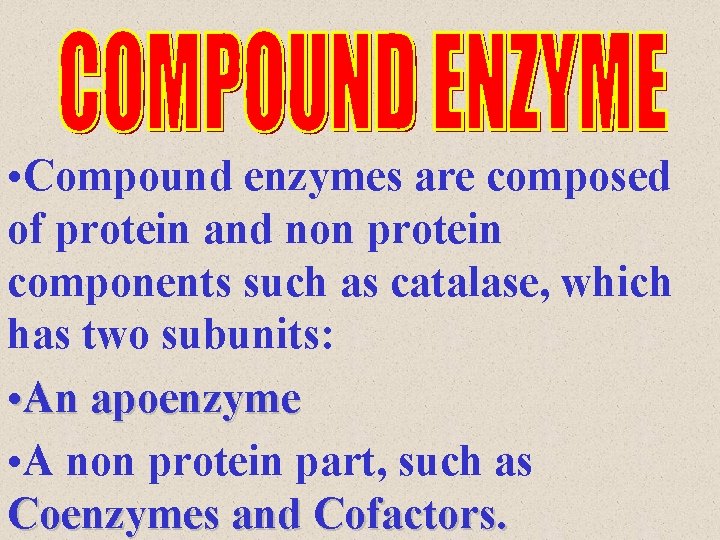 • Compound enzymes are composed of protein and non protein components such as • Compound enzymes are composed of protein and non protein components such as