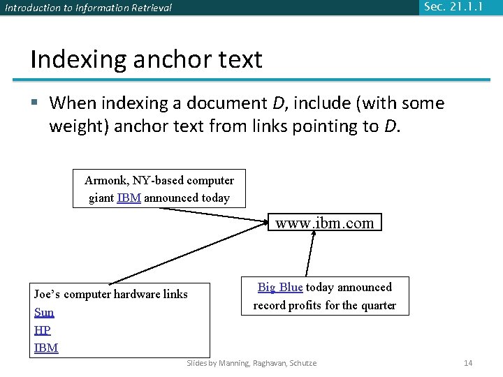 Introduction to Information Retrieval Sec. 21. 1. 1 Indexing anchor text § When indexing Introduction to Information Retrieval Sec. 21. 1. 1 Indexing anchor text § When indexing