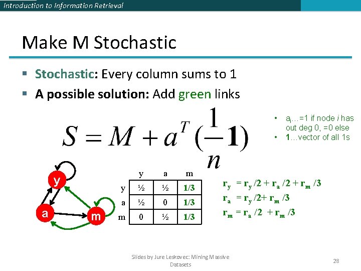 Introduction to Information Retrieval Make M Stochastic § Stochastic: Every column sums to 1 Introduction to Information Retrieval Make M Stochastic § Stochastic: Every column sums to 1