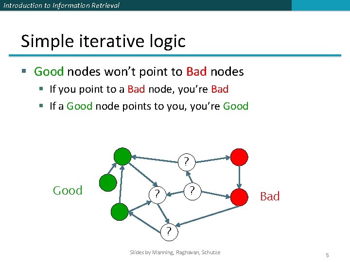 Introduction to Information Retrieval Simple iterative logic § Good nodes won’t point to Bad Introduction to Information Retrieval Simple iterative logic § Good nodes won’t point to Bad