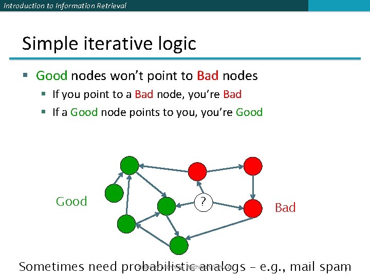 Introduction to Information Retrieval Simple iterative logic § Good nodes won’t point to Bad Introduction to Information Retrieval Simple iterative logic § Good nodes won’t point to Bad