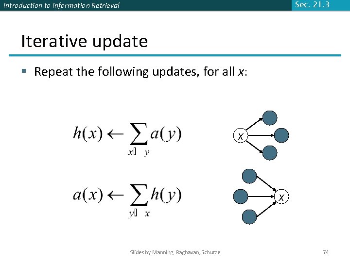 Introduction to Information Retrieval Sec. 21. 3 Iterative update § Repeat the following updates, Introduction to Information Retrieval Sec. 21. 3 Iterative update § Repeat the following updates,