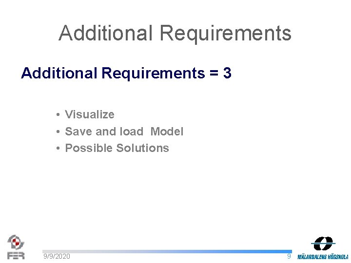 Additional Requirements = 3 • Visualize • Save and load Model • Possible Solutions