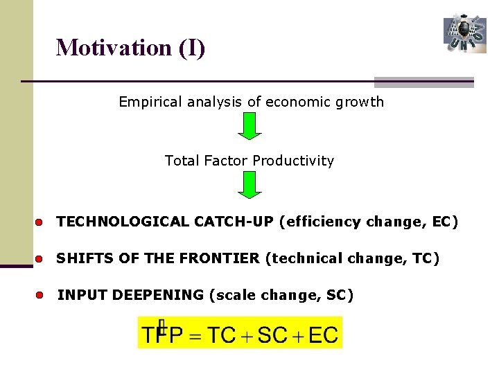 Motivation (I) Empirical analysis of economic growth Total Factor Productivity TECHNOLOGICAL CATCH-UP (efficiency change,