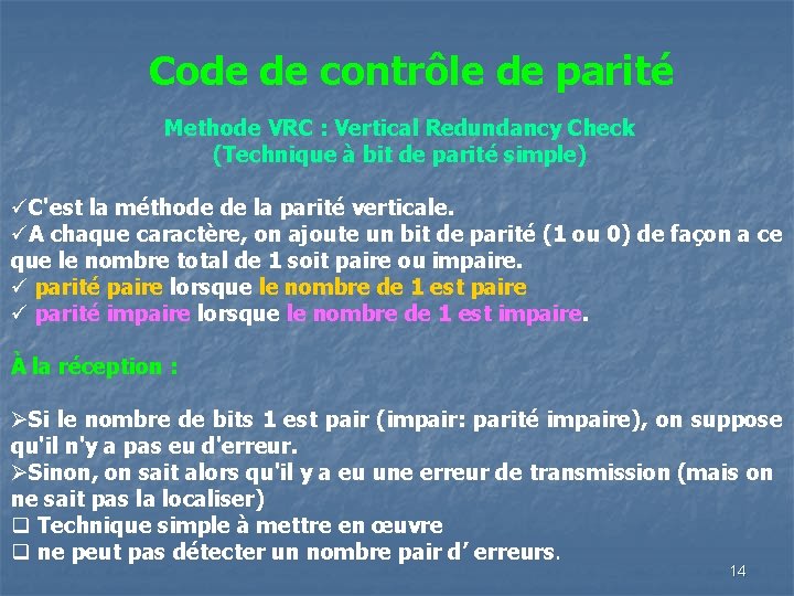 Code de contrôle de parité Methode VRC : Vertical Redundancy Check (Technique à bit