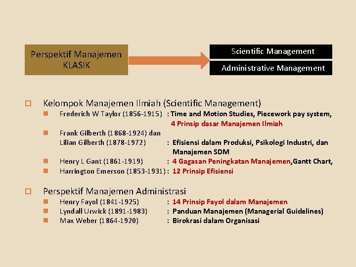 Scientific Management Perspektif Manajemen KLASIK o Kelompok Manajemen Ilmiah (Scientific Management) n n o