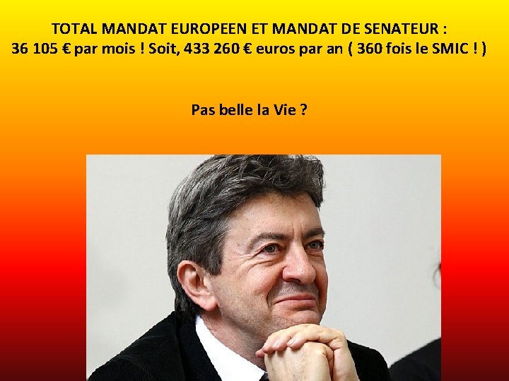 TOTAL MANDAT EUROPEEN ET MANDAT DE SENATEUR : 36 105 € par mois !