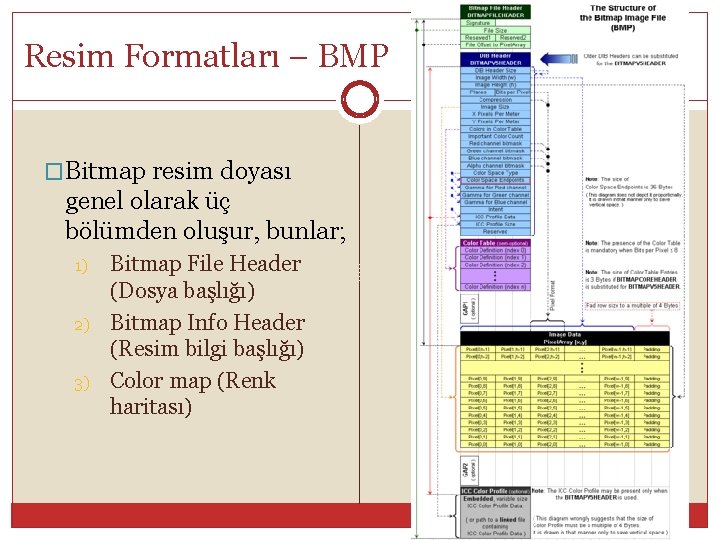 Resim Formatları – BMP �Bitmap resim doyası genel olarak üç bölümden oluşur, bunlar; 1)