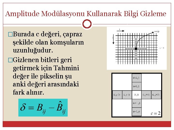 Amplitude Modülasyonu Kullanarak Bilgi Gizleme �Burada c değeri, çapraz şekilde olan komşuların uzunluğudur. �Gizlenen