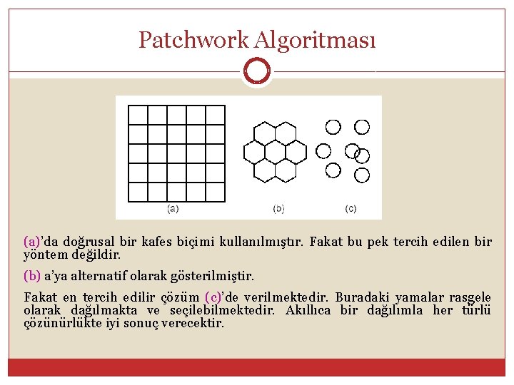 Patchwork Algoritması (a)’da doğrusal bir kafes biçimi kullanılmıştır. Fakat bu pek tercih edilen bir