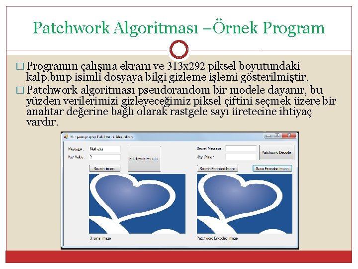 Patchwork Algoritması –Örnek Program � Programın çalışma ekranı ve 313 x 292 piksel boyutundaki