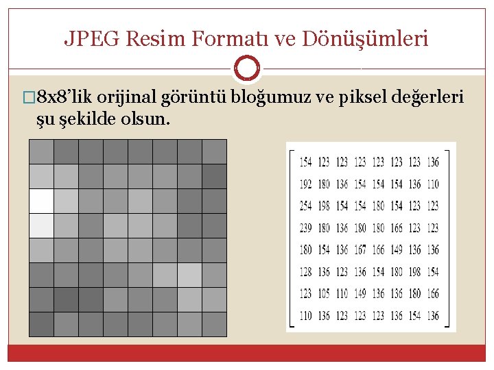JPEG Resim Formatı ve Dönüşümleri � 8 x 8’lik orijinal görüntü bloğumuz ve piksel