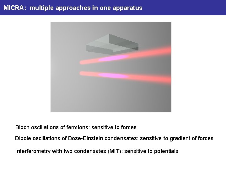 MICRA: multiple approaches in one apparatus Bloch oscillations of fermions: sensitive to forces Dipole