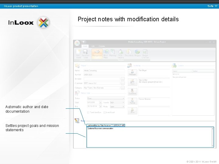 Seite 17 In. Loox product presentation Project notes with modification details Automatic author and