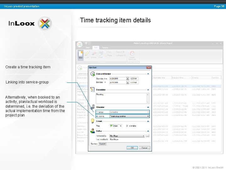 Page 38 In. Loox product presentation Time tracking item details Create a time tracking