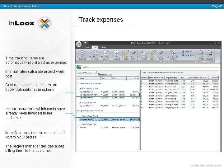 Page 46 In. Loox product presentation Track expenses Time tracking items are automatically registered