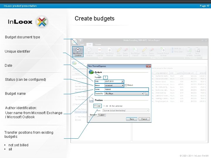 Page 47 In. Loox product presentation Create budgets Budget document type Unique identifier Date