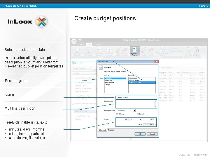 Page 49 In. Loox product presentation Create budget positions Select a position template In.