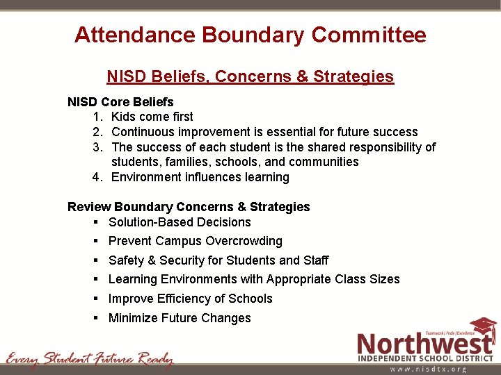 Attendance Boundary Committee NISD Beliefs, Concerns & Strategies NISD Core Beliefs 1. Kids come